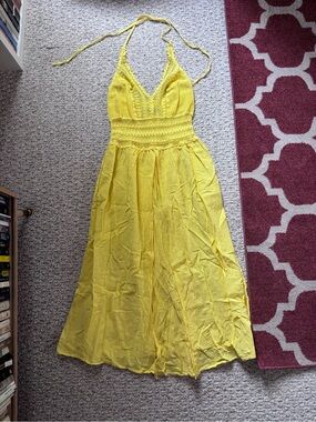 Seaspice Resort Wear Yellow Halter Crochet Waist Maxi Dress